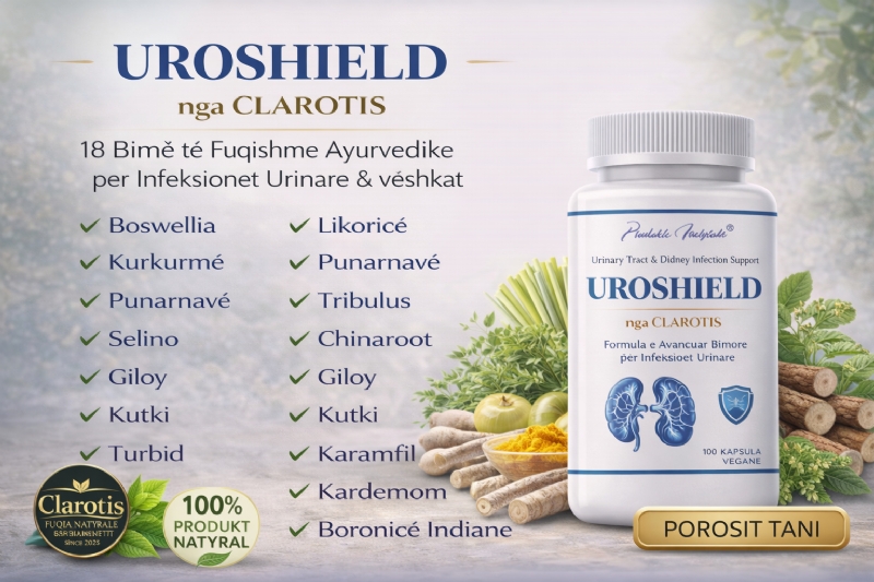 UROSHIELD suplement bimor nga CLAROTIS per djegie gjate urinimit, kapsula per infeksion trakt urinar, trajtim natyral per UTI, produkt per shendetin e traktit urinar, suplement antibakterial natyral, kapsula per cistit, produkt detox urinar