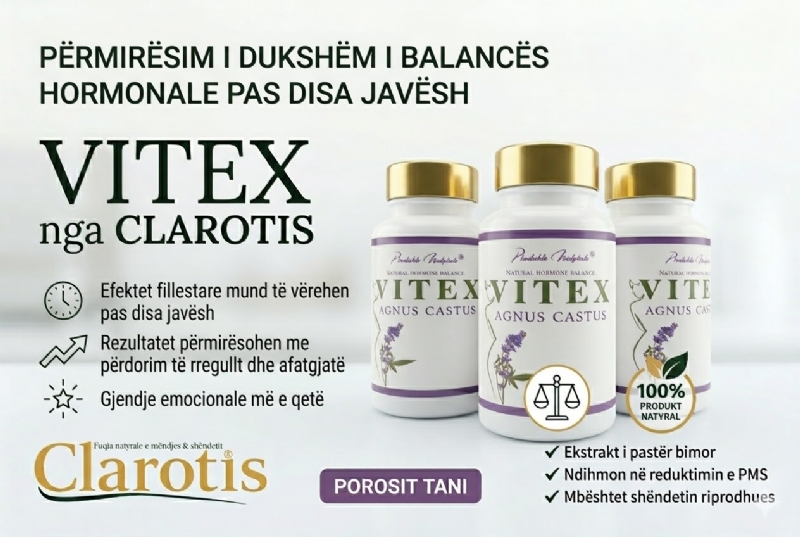 Produkt VITEX per femra nga Clarotis, suplement per ciklin, hormone balancim natyral, simptomat menstruale, stabilitet emocional, suplement hormonal natyral, trajtim natyral femra, kapsula bimore hormonale per cikel te rregullt menstrual